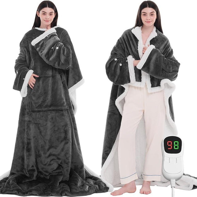 JKMAX Heated Electric Blanket Wearable Throw - Heated Wearable Robe with Sleeves and Foot Pockets - Heating Blanket with 10-Level Heating Auto-Off Flannel Heated Hoodie for Adults (50''x75'', Grey)