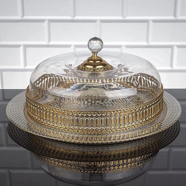 Handmade Cake Stand with Dome, Round Cake Holder with an Acrylic Cover, Fancy Cake Plate with Metal Décor, Glass Gold Cake Stand with Lid, 13 in
