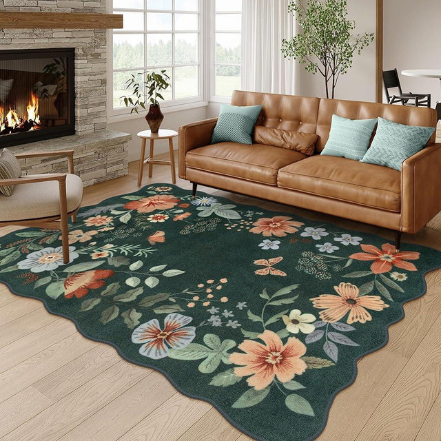 Lahome Floral Living Room Rugs, Green Area Rugs 5x7 Rug for Bedroom Ultra-Thin Soft Rug, Non-Slip Washable Rugs Stain Resistant Throw Boho Rug for ‎‎Nursery Dining Room Office (5x7ft, Dark Green)