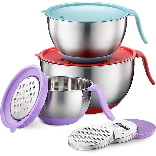 Stainless Steel Mixing Bowls (Set of 3) - Long Handle, Pour Spout, Non Slip Colorful Silicone Bottom with Lids, 3 Graters, & Measurement Marks, Ideal for Cooking, Baking & Serving, Food & Salad Prep.