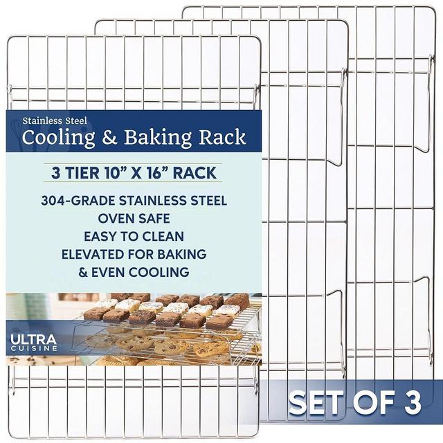 Ultra Cuisine Heavy Duty 3 Tiers, 16" x 10" Cooling Rack for Cooking and Baking - Professional Grade Premium 100% Stainless Steel Baking Rack & Wire Cooling Mesh - Dishwasher Safe - Pack 3