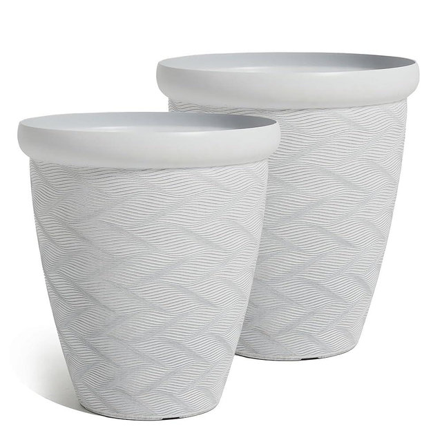 Worth Garden 2-Pack 16" Large Round Planter - Weave Pattern Lightweight Plastic Plant Pot 16" x 17.5" for Indoor Outdoor Use - Decorative Containers for Front Porch Home Yard Deck Patio - White