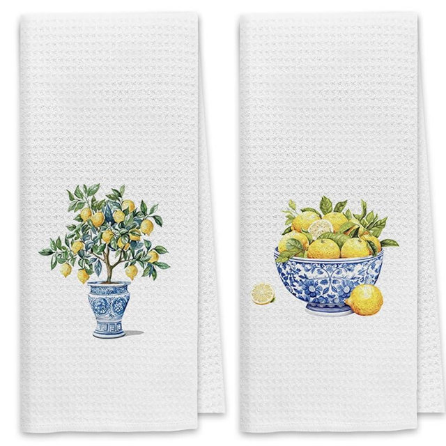 Dibor Chinoiserie Kitchen Towels Dish Towels Dishcloth Set of 2, Lemon Tree Decor Kitchen Towels, Blue and White Porcelain Decorative Absorbent Drying Cloth Hand Towels for Bathroom Kitchen