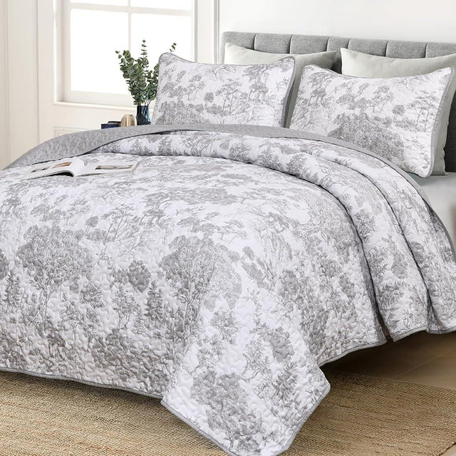 WONGS BEDDING Grey Quilt Set Queen Size, 3 Pieces Botanical Bedspreads Set Lightweight Microfiber Grey Toile Plants Pattern Coverlet Home Decor for All Seasons(96"×90")
