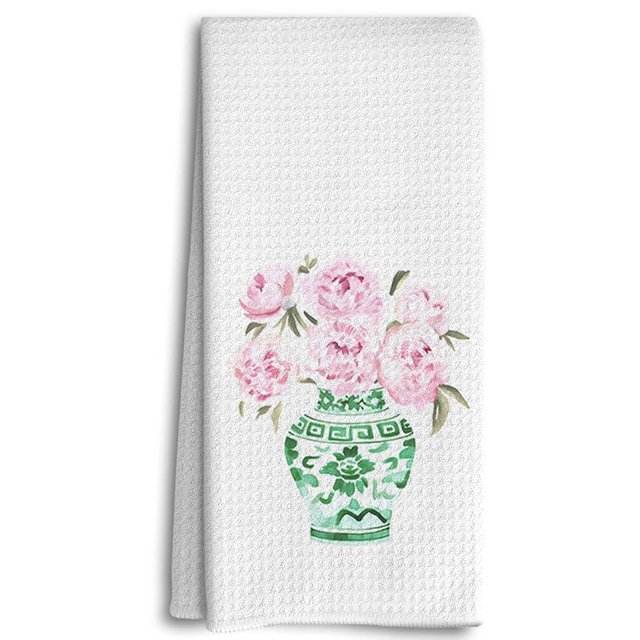 Dwept Green Porcelain Kitchen Towels, Chinoiserie Decor, Preppy Hand Towels, Watercolor Pink Floral Chinese Vase Chinoiserie Bathroom Kitchen Decor, Vintage Plant Dish Tea Towels for Kitchen
