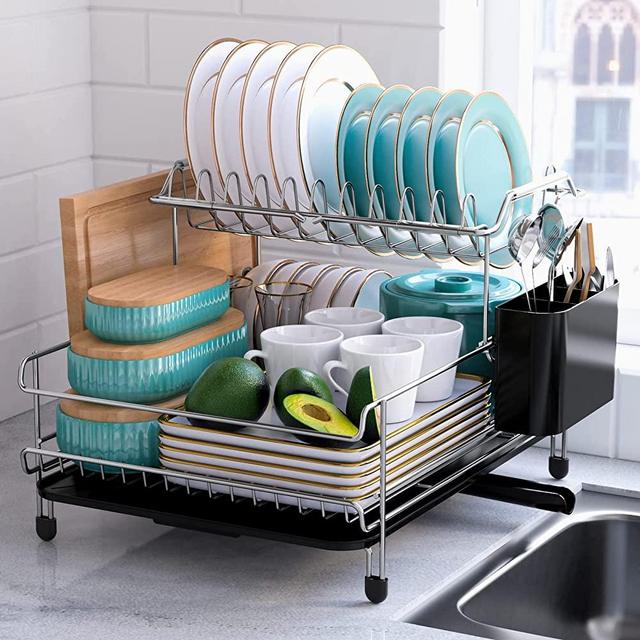 Kitsure Dish Drying Rack - Large-Capacity Dish Rack for Kitchen Counter, Rust-Proof Dish Drainer, 2-Tier Kitchen Dish Drying Rack for Dishes, Knives, Spoons, and Forks，Silver