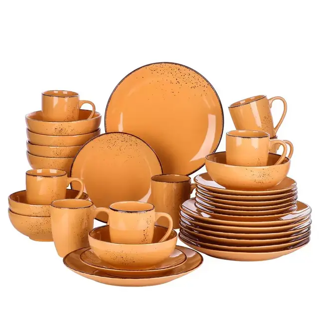Navia Tropical Orange 32-Piece Ceramic Dinnerware Set with Dinner Plate, Dessert Plate, Cereal Bowl, Mug (Service for 8)