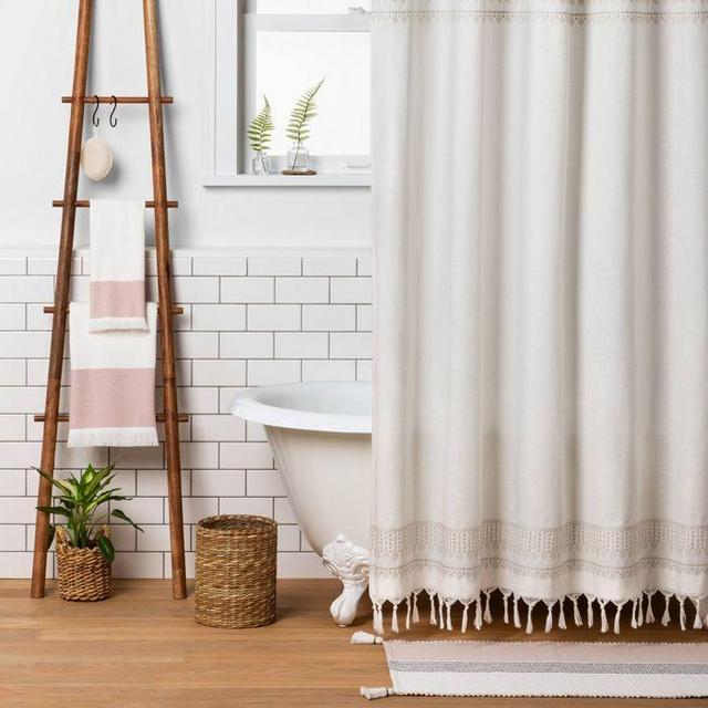 Embroidery Border Stripe Shower Curtain Taupe - Hearth & Hand™ with Magnolia