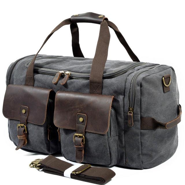 SUVOM Leather Overnight Duffle Bag Canvas Travel Tote Duffel Weekend Bag Luggage - Dark Grey
