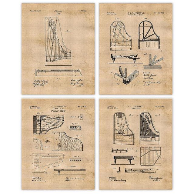Vintage Steinway Piano Patent Prints, 4 (8x10) Unframed Photos, Wall Art Decor Gift for Home Music Office Sound Garage Lounge Studio School College Student Teacher Coach Symphony Orchestra Rock Band