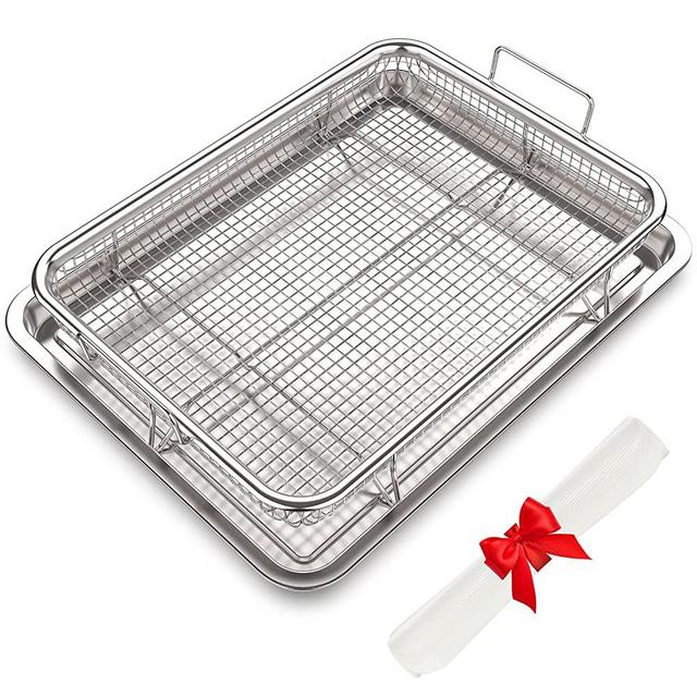 Air Fryer Basket for Oven,12.8x9.6 Inch Stainless Steel Crisper Tray and Pan with 30 PCS Parchment Paper, Deluxe Air Fry in Your Oven, 2-Piece Set, Baking Pan Perfect for the Grill