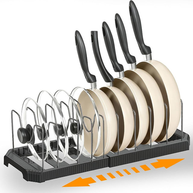 Adjustable Pot Lid Organizer Rack, 9 Compartments Cabinet Storage Holder for Pots, Pans, Lids, Cutting Boards, Bakeware