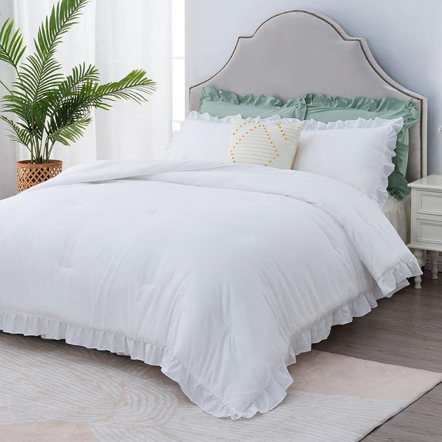 Litanika White Ruffle Comforter King Size, 3 Pieces Women Girl Farmhouse Vintage Aesthetic Bedding Set & Collections, Shabby Chic Microfiber Bedding Set (104x90In Comforter & 2 Pillowcases)