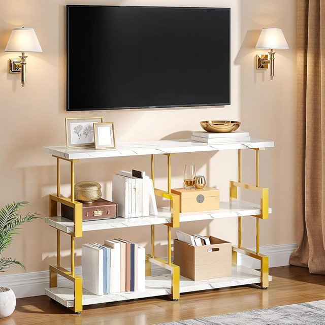 YITAHOME Gold Bookshelf, 3-Tier Modern Bookcase Open Book Shelf Horizontal Bookshelf for Living Room, Sleeping Room, Home Office, Faux Marble White