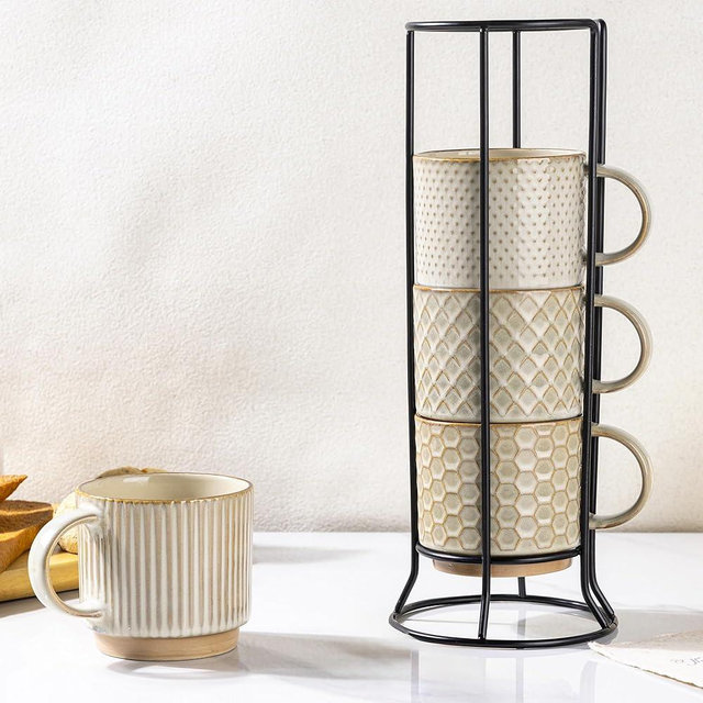 GBhome 12OZ Stackable Coffee Mugs with Stand, Ceramic Coffee Mugs with Texture Patterns for Man,Woman,Dad,Mom, Modern Coffee Cups Set of 4 for Latte/Cappuccino/Cocoa. Dishwasher&Microwave Safe