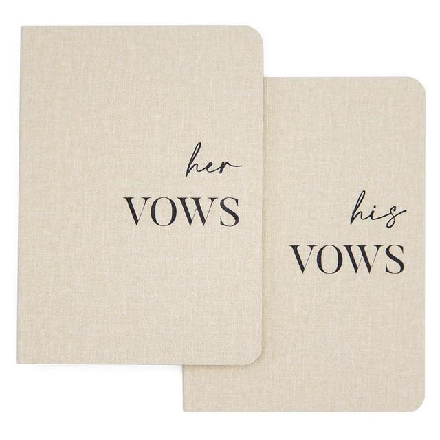 Slim Vow Books (Set of 2 - Design 1) - Soft Cream Canvas Linen Textured Cover Wedding Vow Booklets, Ceremony Speech Promise Notebook Journal, Gift for Newly Engaged Couple, 48 Lined Pages, 5.75" x 4"