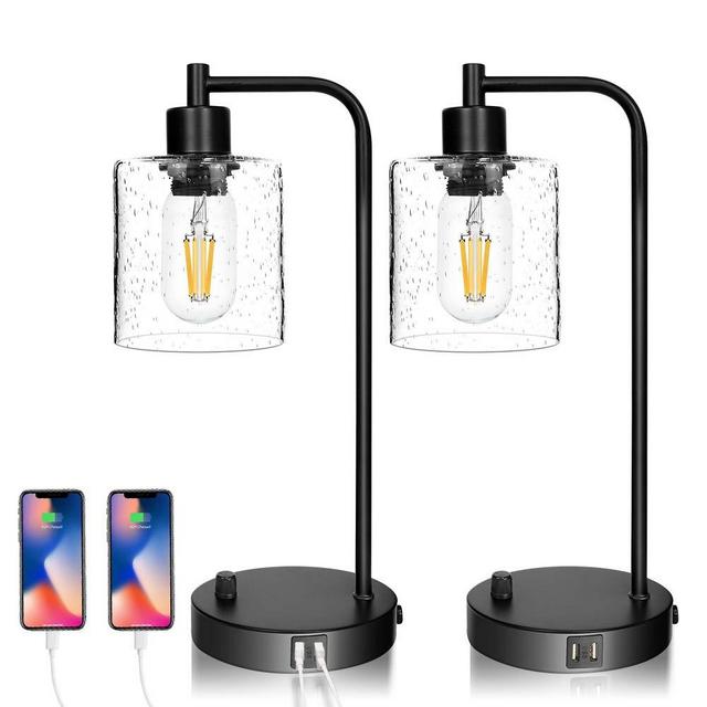 Set of 2 Industrial Table Lamps with 2 USB Port, Fully Stepless Dimmable Lamps for bedrooms, Bedside Nightstand Desk Lamps with Seeded Glass Shade for Reading Living Room Office 2 LED Bulb Included