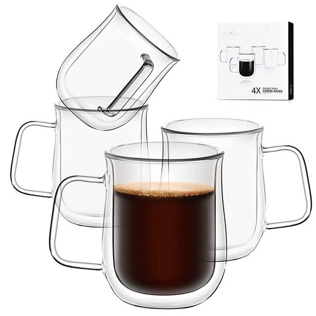 Comfome Double Wall insulated coffee mugs with Handle,clear coffee mugs set of 4 (12 oz, 350 ml), Perfect for Latte, Americano, Cappuccinos,Tea or other Beverage