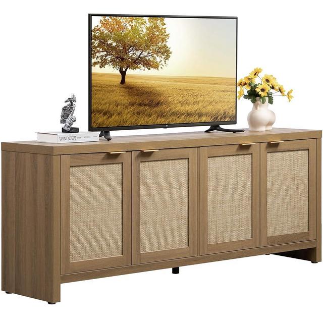 SICOTAS TV Stand for Living Room Rattan Entertainment Center for Bedroom with 4 Rattan Cabinets Farmhouse Television Stands with Storage Large Media Console Table for TVs up to 50 55 60 65 Inch