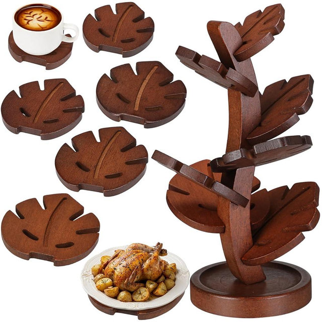 Zhehao 7 Pcs Bamboo Wooden Tree Trivets with Storage Stand, Tree Shape Coaster Trivet Set for Hot Dishes Pot Bowl Teapot Heat Resistant Mat Set for Countertop Kitchen Dining Table