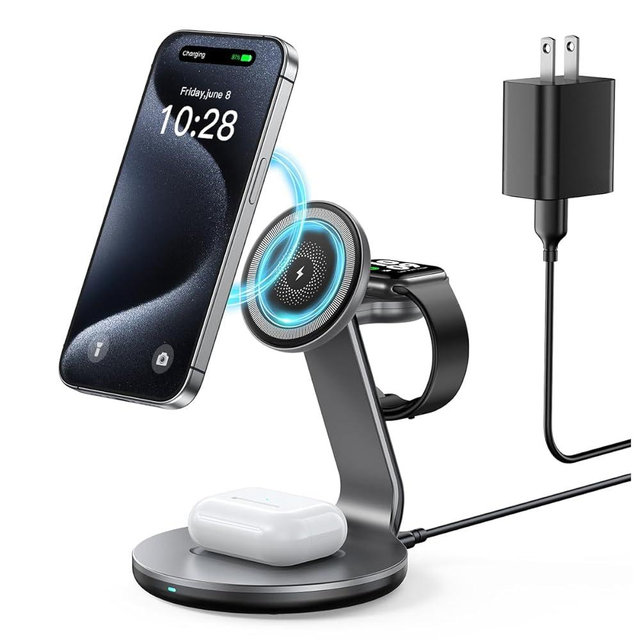 HERRBOL 3 in 1 Charging Station Compatible with Magsafe Charger Wireless Charger Stand for iPhone 17 16e 16 15 14 13 12 Wireless Charging Station for AirPods Wireless Charging Stand for iWatch Series