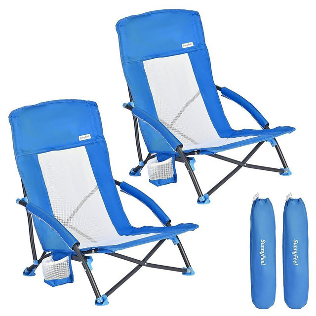SUNNYFEEL Folding Low Camping Beach Chair 2 Pack, Lightweight Portable Lawn Chair with Mesh Back, Cup Holder for Outdoor/Travel/Picnic/Concert, Foldable Camp Backpack Chairs with Carry Bag