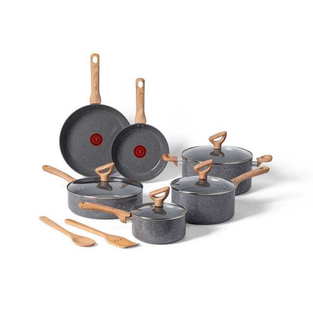 T-fal 12pc Ceramic Nonstick Cookware Set, Revive Ceramic, Stone Grey