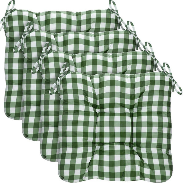 Geetery 4 Pack Chair Cushions for Dining Chair Kitchen Seat Pads with Ties Buffalo Plaid Soft Comfy Square Seat Pads for Home, Outdoor, Patio, Room (Green,White)