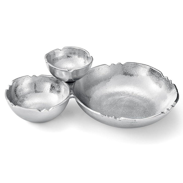 GUTE 3 Cluster Decorative Bowls Bright Silver Aluminum Snack Tray Bowl Chip & Dip Serving Piece Centerpiece for Entertaining Parties Home Decor Wedding Gifts 14.6 Inch