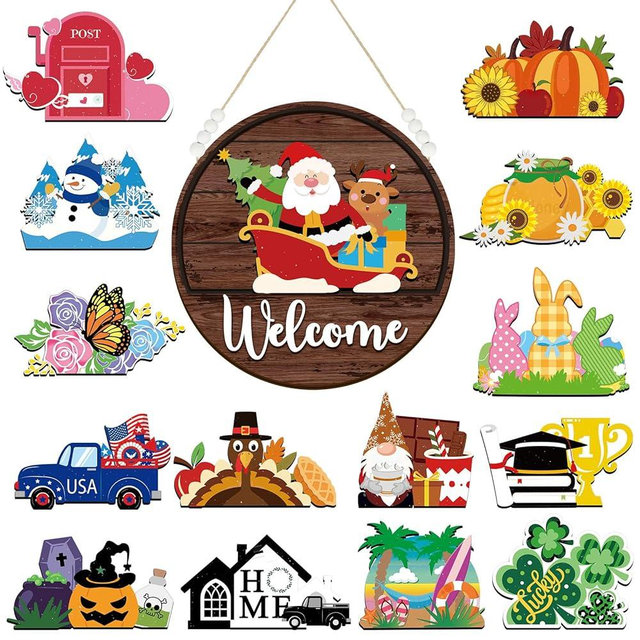 Sintuff 16 Pcs Interchangeable Seasonal Welcome Sign Interchangeable Front Door Decor Farmhouse Rustic Outdoor Welcome Signs for Winter Valentines Easter Irish Season Holiday(White Word, Brown Back)