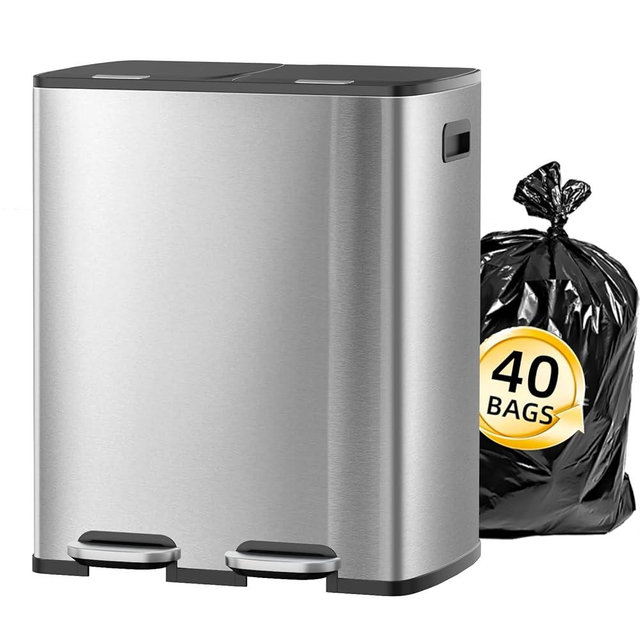 KUK 60 Liter / 16 Gallon Dual Trash Can with Lid, Stainless Steel Kitchen Step Garbage Can, 2 x 8 Gallon Double Compartment Classified Rubbish Bin with 2 Plastic Inner Buckets (Silver)