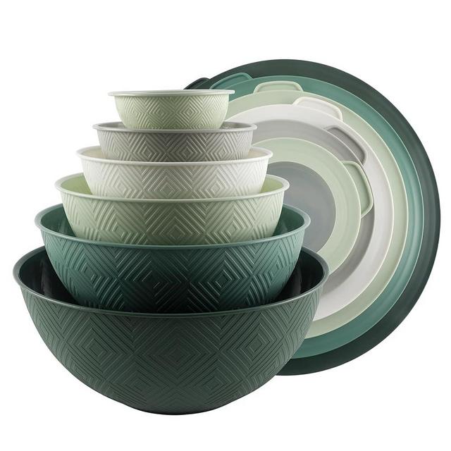 COOK WITH COLOR Mixing Bowls with Lids - 12 Piece Plastic Nesting Bowls Set includes 6 Prep Bowls and 6 Lids, Non Slip Bottom and Rhombus Design - Microwave Safe (Sage)