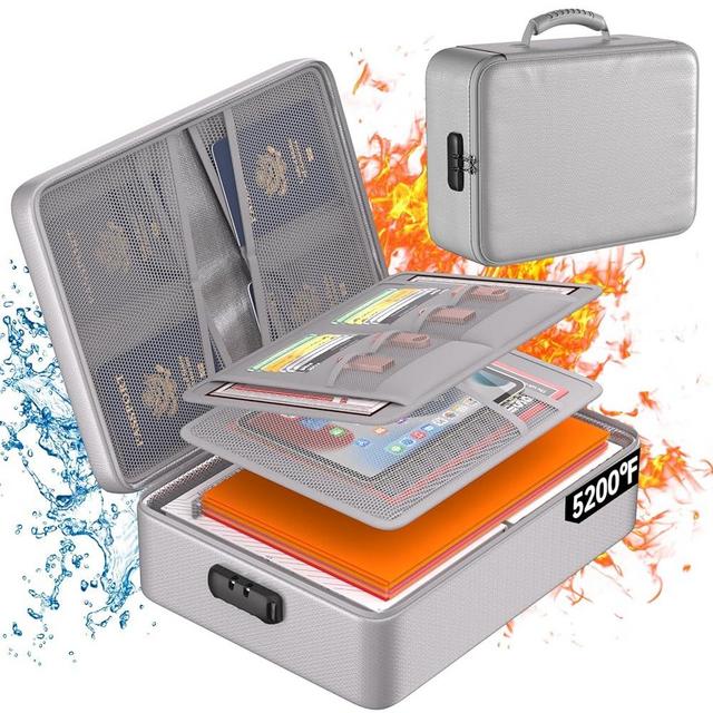 DocSafe 5200°F Document Organizer with Lock,Upgraded Heat Insulated Fireproof＆Waterproof Box 8 Layers File Organizer,Portable Home Travel Safe Storage for Important Documents, Files,Silver
