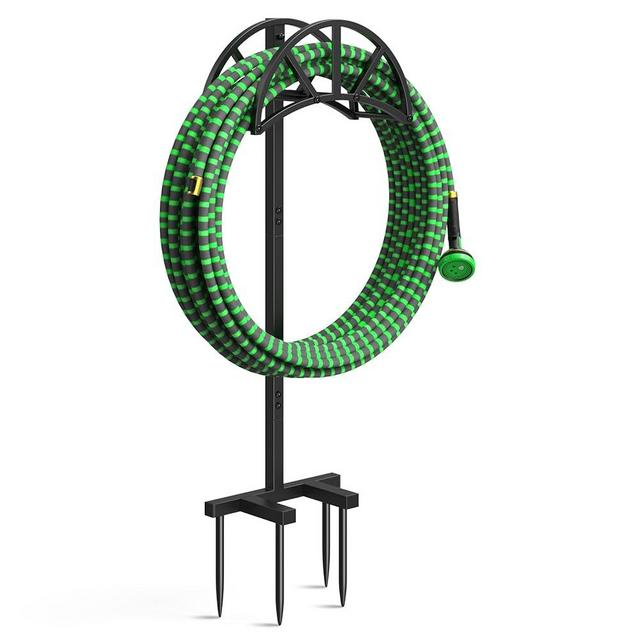 Mr IRONSTONE Garden Hose Holder,4 Spikes Water Holder Holds 125-feet Hose,Freestanding Stand Made of Heavy Duty Steel,Expandable for Outside Yard Lawn (Black Metal)