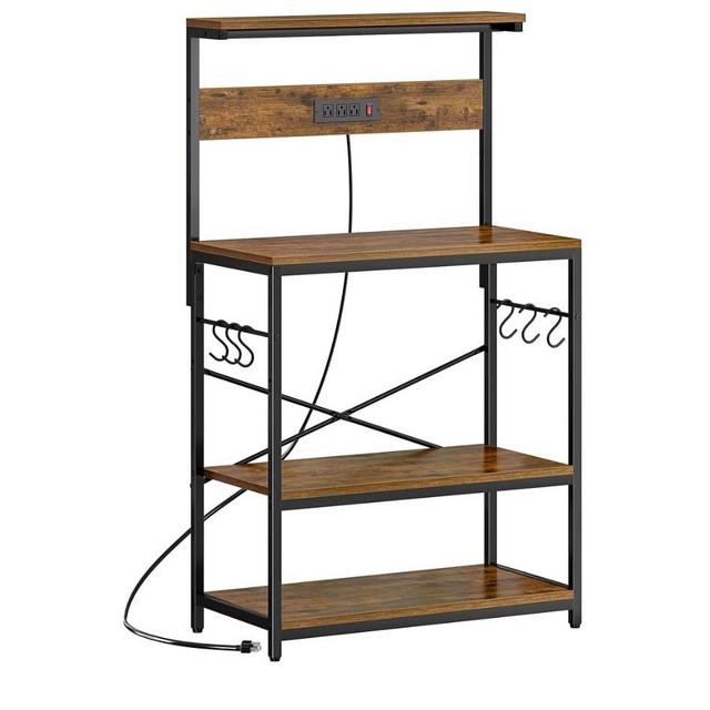 SUPERJARE Bakers Rack with Power Outlets, Microwave Stand, 31.5 X 16.5 Inch Larger Desktop, Kitchen Storage Rack with Adjustable Middle Shelf, 6 S-Shaped Hooks, Coffee Bar Stand, Rustic Brown