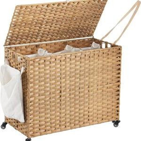 Laundry Hamper with Wheels, 52.8 Gallon(200L) Rolling Laundry Basket with Lid, 3-Section Rattan Clothes Hamper with 3 Removable Liner & 3 Mesh Bags, Laundry Sorter with Side Pocket, Natural Color