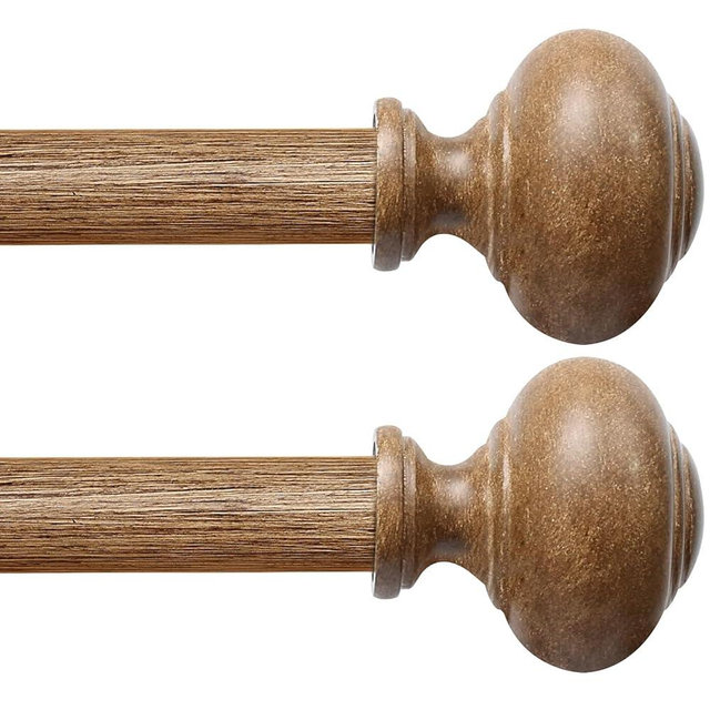 Wood Curtain Rods for Windows 72 to 144 Inch(6-12ft),1 Inch Heavy Duty Curtain Rod with Imitation Wood Grain Finials, Boho Adjustable Drapery Rods of Window Treatment（2 Pack)