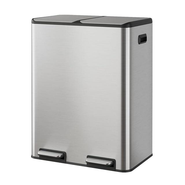 WLIVE 2 x 8 Gallon / 2 x 30 Liter Dual Trash Can, Stainless Steel Double Compartment Classified Kitchen Trash Can, with Plastic Inner Buckets, Handles, Soft-Close Lid, Deodorizing Filter Box, Silver.