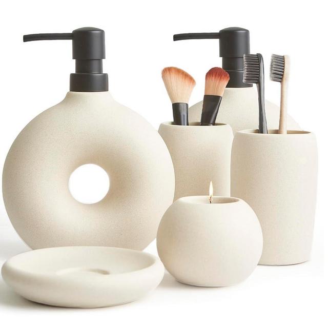 Ceramic Bathroom Accessory Set, 6 Pcs - 2 Soap Dispenser, Toothbrush Cup, Toothbrush Holder, Soap Dish & Candle Holder - Beige, Matte Glaze - Aesthetic Bathroom Decor