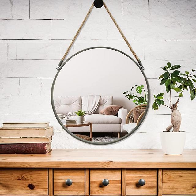 POZINO Wall Mounted Mirror Round 15 inch Decorative Farmhouse Circle Rustic Finish Metal Frame Accent Mirror with Hanging Rope for Bathroom Bedroom Living Room Dorm or Entryway