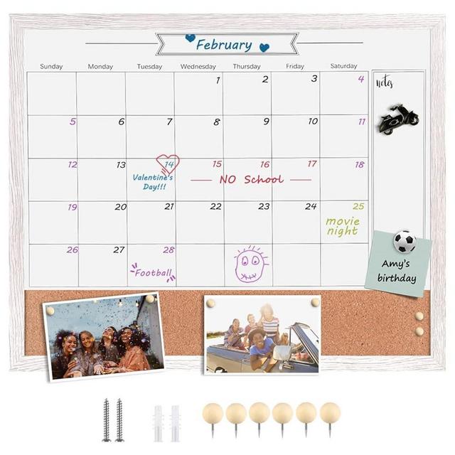 TORASO Whiteboard Calendar & Corkboard 24" x 29" Combination Dry Erase White Board & Bulletin Board, White Frame Calendar/Cork Combo Board(ZHYL-WH-6080)
