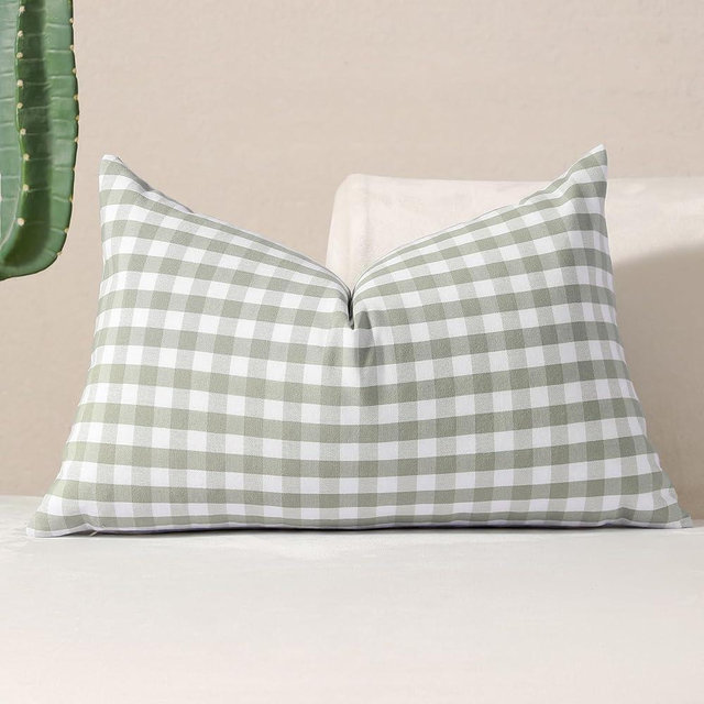 vctops Green Buffalo Check Plaid Decorative Throw Pillow Covers 12x20 Inch Farmhouse Gingham Lumbar Cushion Cover Pillowcase for Sofa Bedroom Couch (Grey Green Plaid,12"x20")
