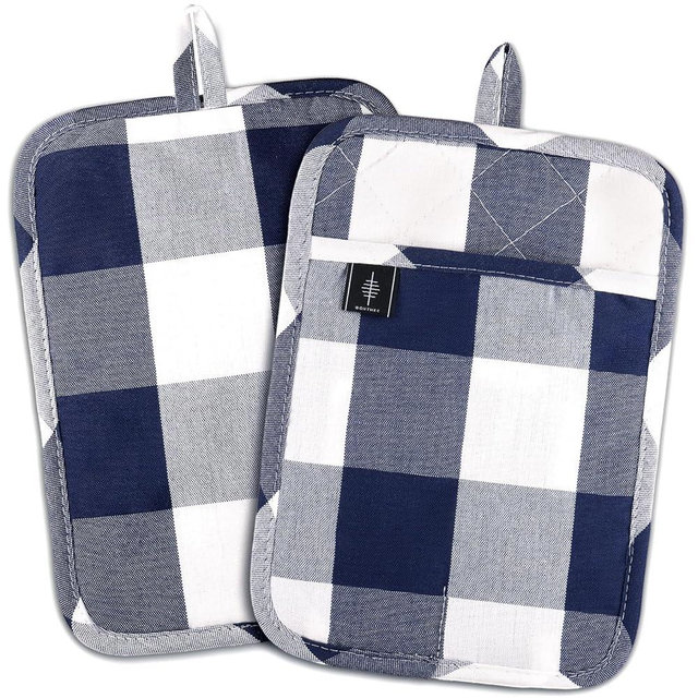 BONTHEE Pot Holders for Kitchen, Heat Resistant Hot Pads for Countertops, 10 x 7 Oven Pot Holders Cotton Potholders for Kitchen Cooking Baking - Blue Plaid - 2PCS