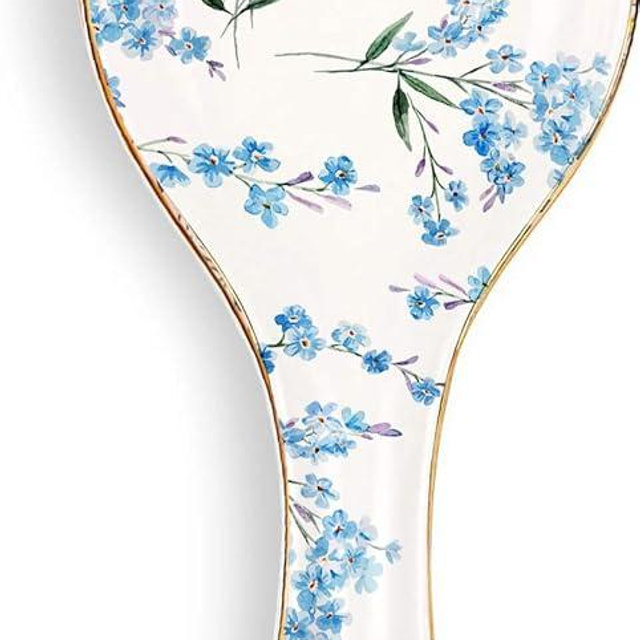 LEAZUL Ceramic Spoon Rest for Stove Top Kitchen Counter Large Spoon Holder Farmhouse Floral Flowers Print Coffee Spoon Cooking Utensil Tools Rest Modern Kitchen Decor (Blue Blossom)
