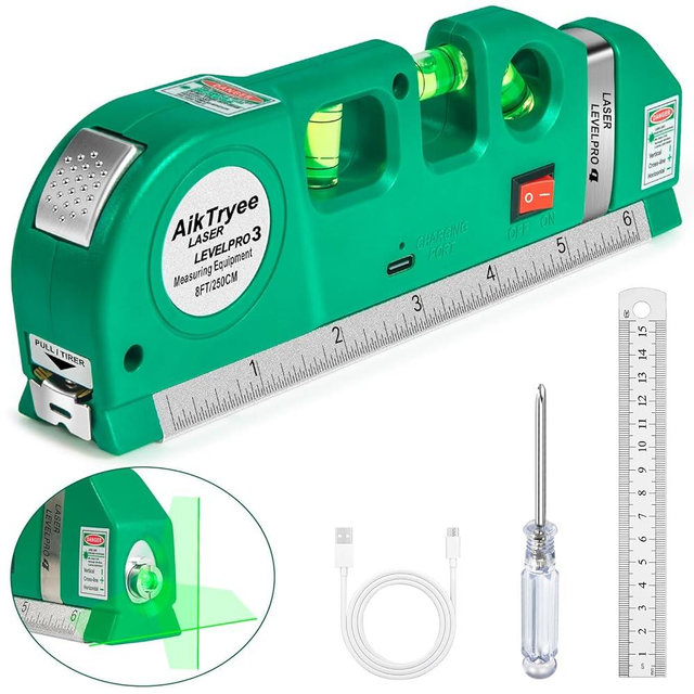 Level Tool Laser Level Leveler tool Cross Line Vertical and Horizontal Line with USB Rechargeable for Picture Hanging cabinets Tile Walls by AikTryee.