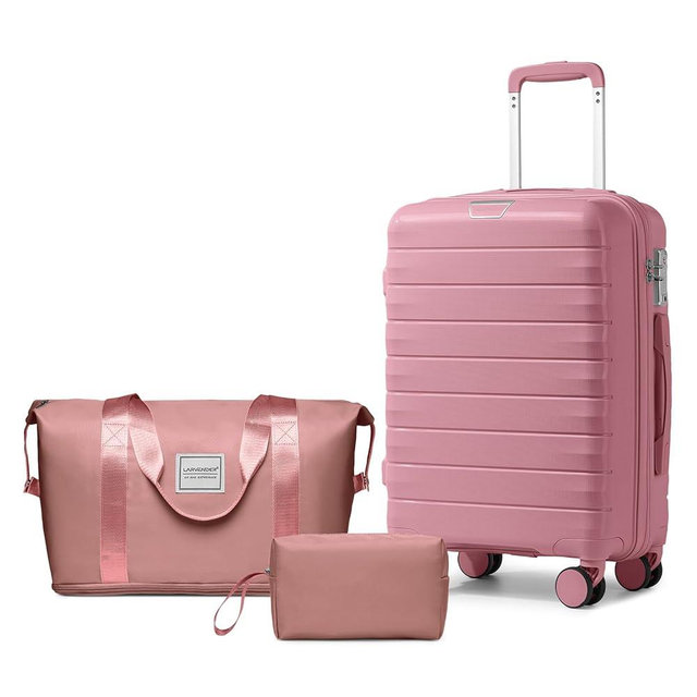 LARVENDER Luggage Sets 3 Piece with Duffel Bag Hardside PP carry on suitcase with 360° Spinner Wheels TSA Lock for Men Women, Pink