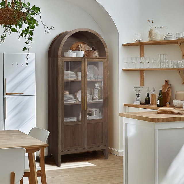 KRAMZMING Arched Storage Cabinet with 2 Doors and 5-Tier Shelves for Living Room, 71" Tall Wooden Pantry Cabinet for Dining Room and Kitchen, Floor Bathroom Organizer, Brown