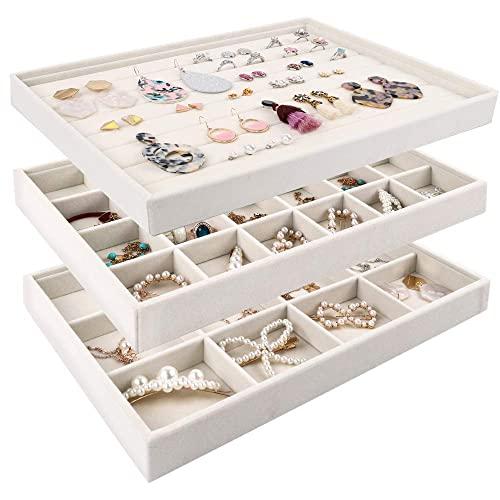 Mebbay Stackable Velvet Jewelry Trays Organizer, Jewelry Storage Display Trays All Velvet for Drawer, Earring Necklace Bracelet Ring Organizer, Set of 3 (Creamy White)