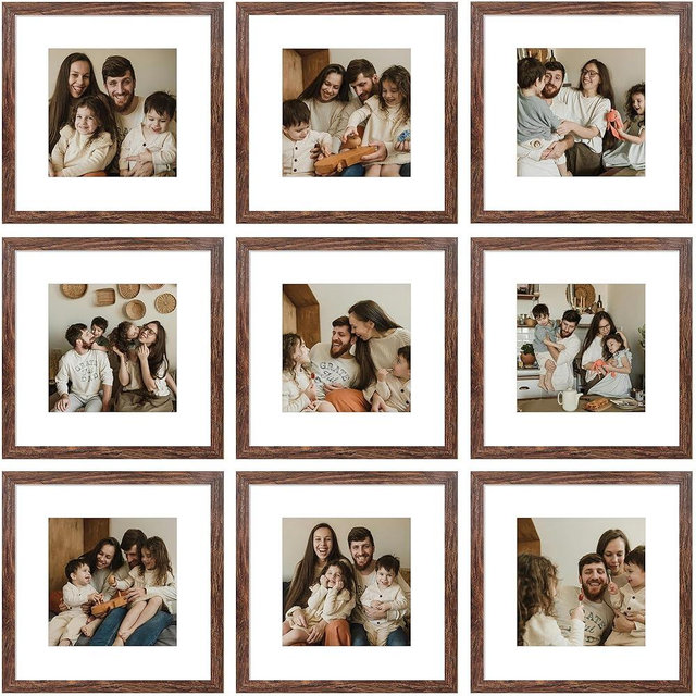 YESKAY 12x12 Picture Frame Set of 9, Photo Gallery Wall Frame Set, Display Pictures 8x8 with Mat or 12 x 12 Without Mat, Square Frame Picture Frames Collage Wall Decor, Rustic Brown