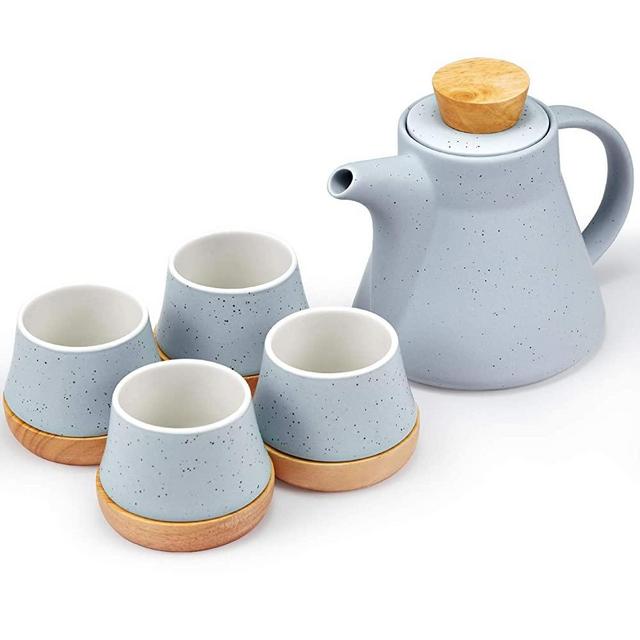 10-Piece Porcelain Ceramic Teapot Set with 4 Cups & 4 Wooden Coasters, Tea Set with Removable Stainless Steel Infuser for Loose Leaf & Blooming Tea, Gift Set, 750ml/25oz Teapot & 150ml/5oz Cups, Blue